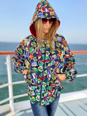 Line-Up Vintage Postcard Jacket S Blue Novelty Hooded Retro